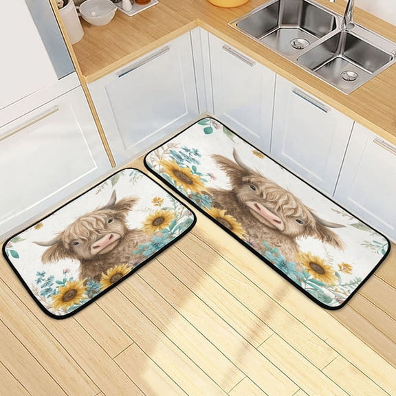 Kitchen Rug Set 2 Pieces Non Slip Kitchen Mat for Kitchen Home Floor Sink 47"x19"+27"x19" Sunflowers and Highland Cow