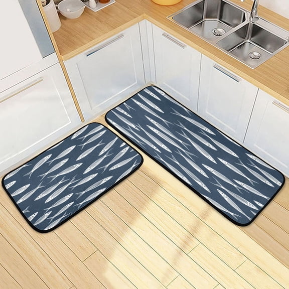 Kitchen Rug Set 2 Pieces Non Slip Kitchen Mat for Kitchen Home Floor Sink 47"x19"+27"x19" White Fish
