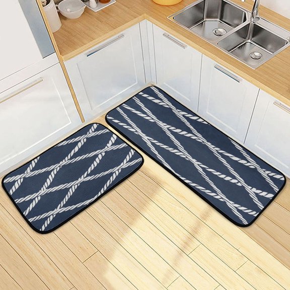 Kitchen Rug Set 2 Pieces Non Slip Kitchen Mat for Kitchen Home Floor Sink 47"x19"+27"x19" White Lines Of Rope