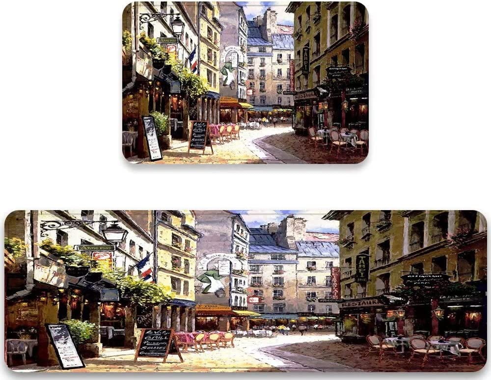 Kitchen Rug Set 2 Pieces Paris Vintage Painting France Street Cafe ...