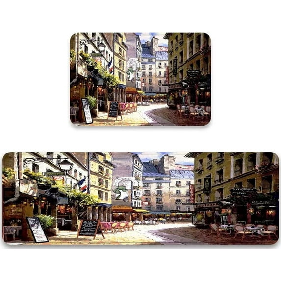 Kitchen Rug Set 2 Pieces Paris Vintage Painting France Street Cafe European Building French Shops Comfort Floor Mat Washable Doormat Anti Fatigue Non-Slip Chef Runner Rugs Bedroom Area Carpet Mats
