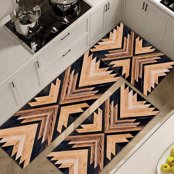 Kitchen Rug Set of 3, 20x32+20x47+20x59 inches, Black Brown Geometric Triangle, Non Slip, Washable, Rustic Western Decor, Machine Made, Low Pile, Stain Resistant, Machine Wash