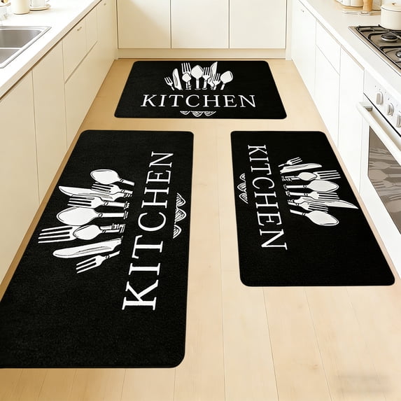 Kitchen Rug Set of 3, Non-Slip Absorbent Kitchen Mats, Black Utensil Print, Machine Washable Nylon Floor Mats for Kitchen, Sink, Laundry Room, Bedroom, Anti-Skid Cushioned Carpet,Black