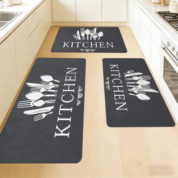 Kitchen Rug Set of 3, Non-Slip Absorbent Kitchen Mats, Black Utensil Print, Machine Washable Nylon Floor Mats for Kitchen, Sink, Laundry Room, Bedroom, Anti-Skid Cushioned Carpet,Gray