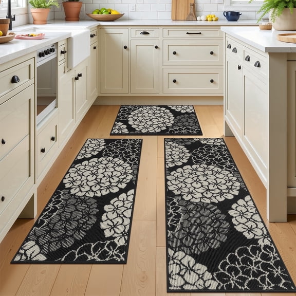 MeyJey Floral Kitchen Rug Sets of 3, Non Slip Kitchen Mats for Floor, Soft Machine Washable Kitchen Rug for Floor