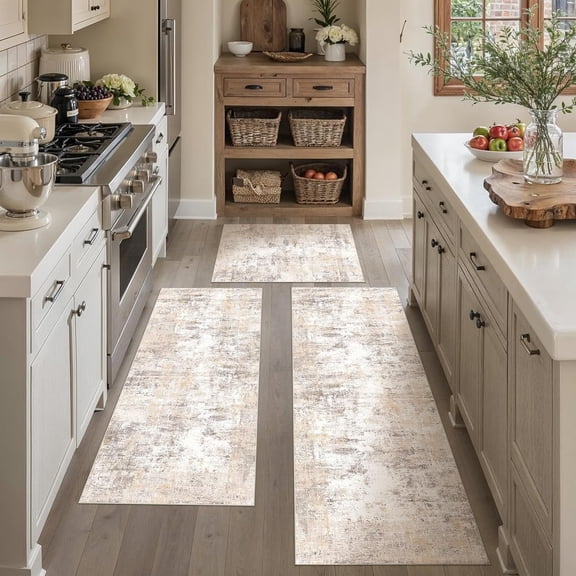 Kitchen Rug Set of 3 Washable Beige Grey Abstract Kitchen Mats for Floor Non-Slip Kitchen Runner Rug Soft Low Pile for Bathroom Laundry Hallway Sink Entryway