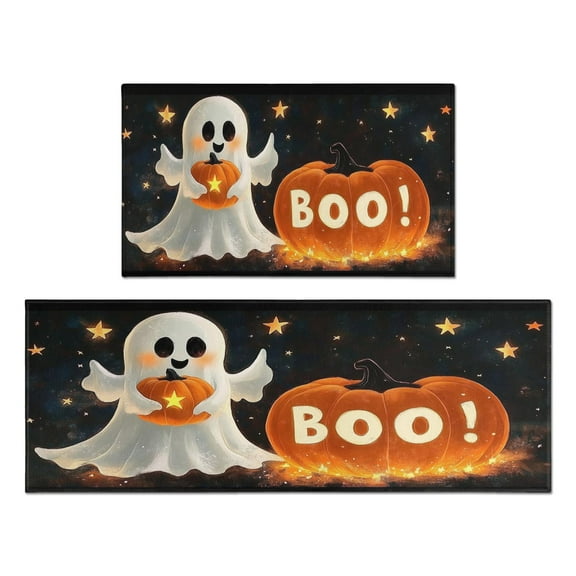 Kitchen Rug Set Of 2 Non Slip Kitchen Mats for Floor,Halloween Scary Cute Ghost Boo Kitchen Floor Mats for Bathroom,Room Door (47x17+30x17 Inches)