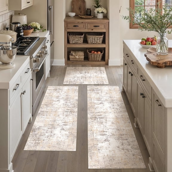 Kitchen Rug Set Of 3 Washable Beige Grey Abstract Mats For Floor Non-slip Runner Soft Low Pile Bathroom Laundry Hallway Sink Entryway