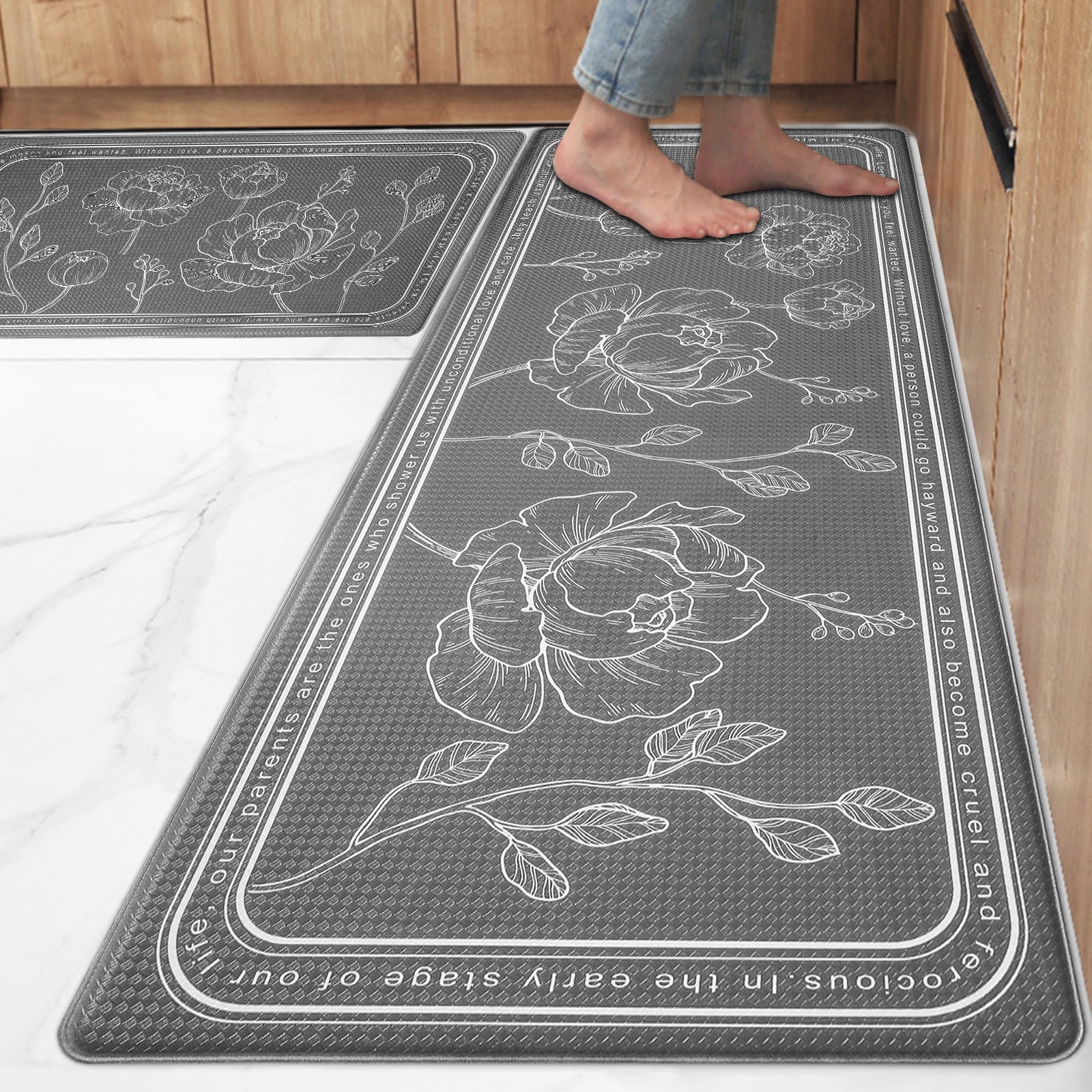 Gray Floral PVC Anti-Fatigue Kitchen Mat Set