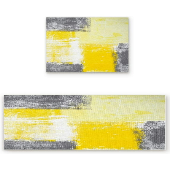 Kitchen Rug Sets 2 Piece Abstract Geometric Painting Non Slip Anti Fatigue Floor Mats Grey Yellow Comfort Soft Absorb Cushioned Standing Doormat Runner Rugs (19.7x31.5+19.7x47.2 inch)