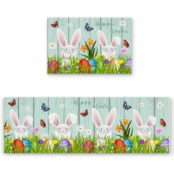 Kitchen Rug Sets 2 Piece Happy Easter Rabbits Butterfly Eggs Non Slip Anti Fatigue Floor Mats Teal Green Wood Plank Comfort Soft Absorb Cushioned Standing Doormat Runner Rugs (19.7x31.5+19.7x47.2in)