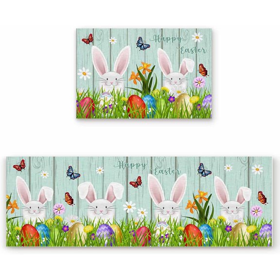 Kitchen Rug Sets 2 Piece Happy Easter Rabbits Butterfly Eggs Non Slip Anti Fatigue Floor Mats Teal Green Wood Plank Comfort Soft Absorb Cushioned Standing Doormat Runner Rugs (19.7x31.5+19.7x47.2in)