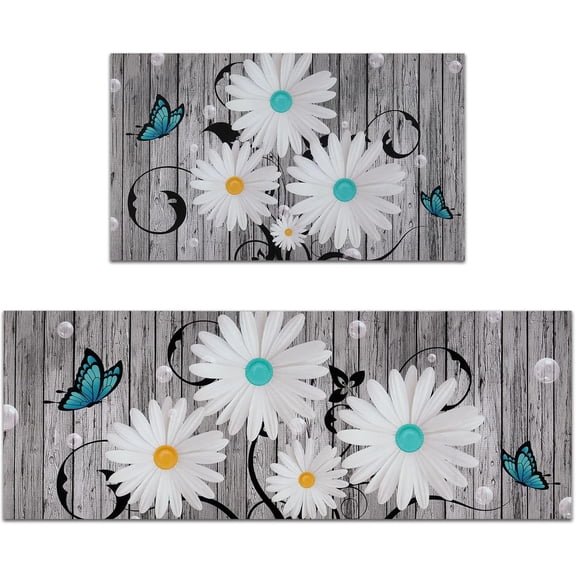 Kitchen Rug Sets 2 Piece, Rubber Kitchen Mats for Floor, Waterproof Kitchen Rugs and Mats Non Skid Washable, Farmhouse Floral Kitchen Floor Mat Carpet for Sink 17.3'''' x 47''''+ 17.3'''' x 30''''