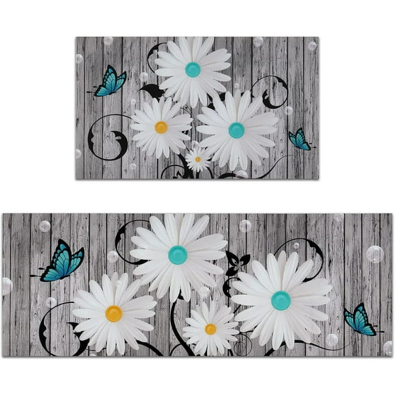 Kitchen Rug Sets 2 Piece, Rubber Kitchen Mats for Floor, Waterproof Kitchen Rugs and Mats Non Skid Washable, Farmhouse Floral Kitchen Floor Mat Carpet for Sink 17.3'''' x 47''''+ 17.3'''' x 30''''