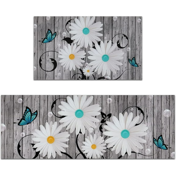 Kitchen Rug Sets 2 Piece, Rubber Kitchen Mats for Floor, Waterproof Kitchen Rugs and Mats Non Skid Washable, Farmhouse Floral Kitchen Floor Mat Carpet for Sink Laundry 18'' x 48''+ 18'' x 30''