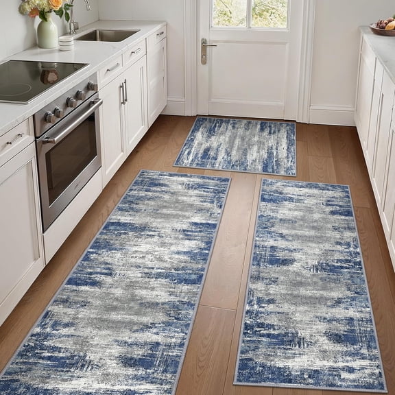 Kitchen Rug Sets of 3, Non-Slip Washable Low-Pile Kitchen Mats for Floor, Waterproof Abstract Kitchen Runner Rug, Floor Mat Carpet for Hallway, Laundry, Sink, Entryway, Bathroom, Blue&Ivory
