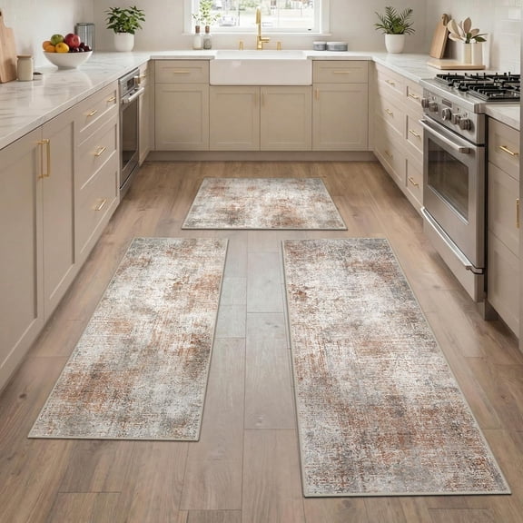 Kitchen Rug Sets of 3, Non-Slip Washable Low-Pile Kitchen Mats for Floor, Waterproof Abstract Kitchen Runner Rug, Floor Mat Carpet for Hallway, Laundry, Sink, Entryway, Bathroom, Clay