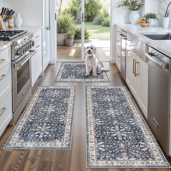 Kitchen Rug Sets 3 Piece Non Skid – Washable Small Kitchen Rugs and Runner Set for Sink Entryway Bathroom Hallway – Soft Low Pile Floor Mats (Blue)