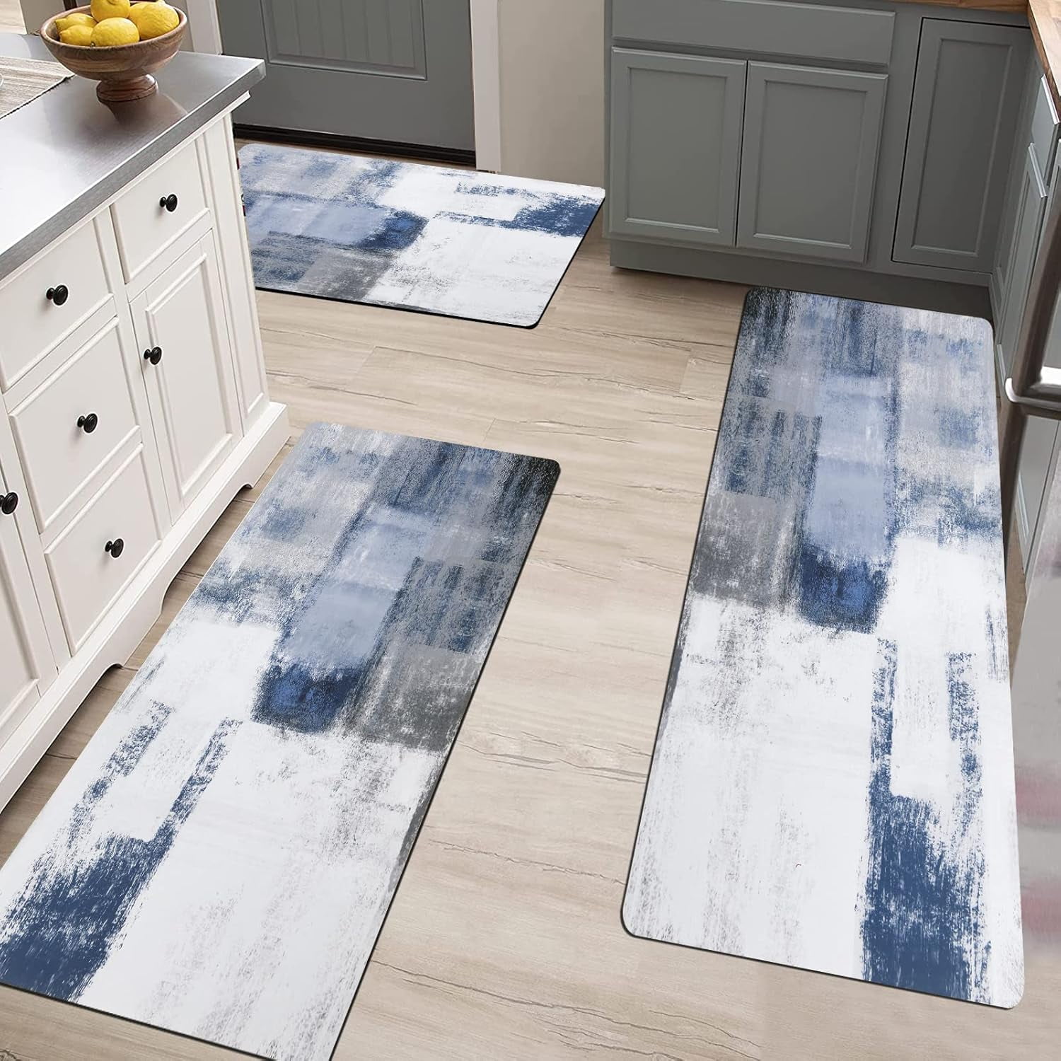 Kitchen Rug Sets 3 Piece with Runner Farmhouse Kitchen Rugs and Mats Non Skid Washable Cushioned Kitchen Area Rug Floor Mat Waterproof Runner Rugs for Hallway Kitchen Laundry Room, Blue