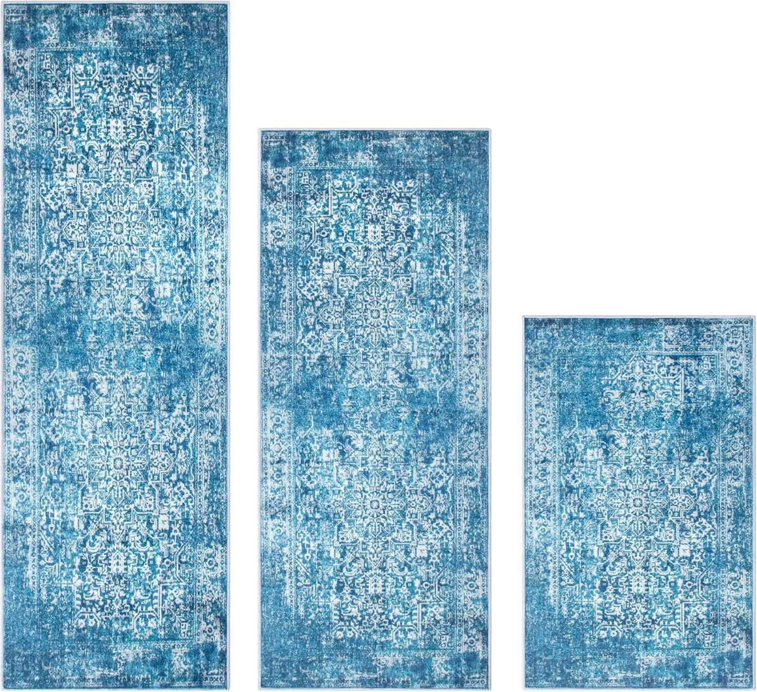Kitchen Rug Sets 3 Piece with Runner Kitchen Carpets and Rugs Non-Slip Washable Blue Boho Kitchen Mat Set Farmhouse Area Rug for Kitchen Floor Laundry Room Hallway Sink
