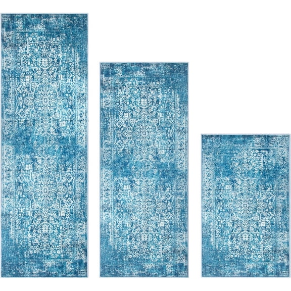 Kitchen Rug Sets 3 Piece with Runner Kitchen Carpets and Rugs Non-Slip Washable Blue Boho Kitchen Mat Set Farmhouse Area Rug for Kitchen Floor Laundry Room Hallway Sink