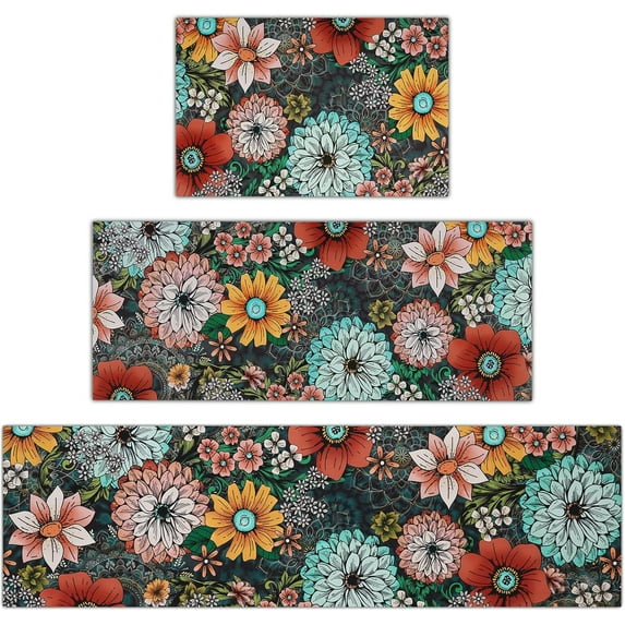 Kitchen Rug Sets 3 Piece with Runner Non Slip Anti Fatigue Floor Mat Washable Kitchen Rugs Boho Floral Kitchen Rugs Colorful Flowers Kitchen Mats for Sink Hallway Laundry Room Floor
