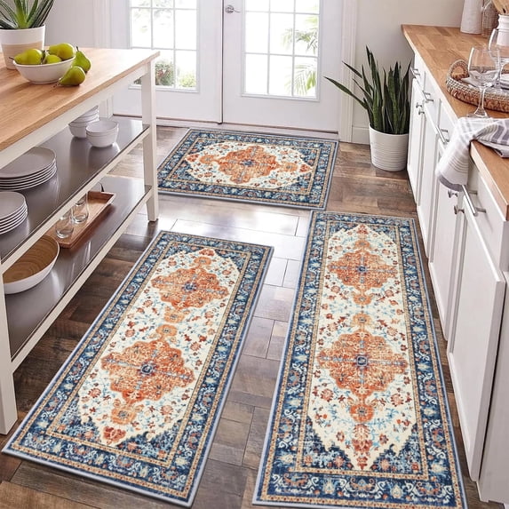 Kitchen Rug and Mat, Yamaziot Boho Kitchen Rug Set of 3, Non Slip Washable Farmhouse Floor Mat Hallway Runner, Laundry Room Carpet