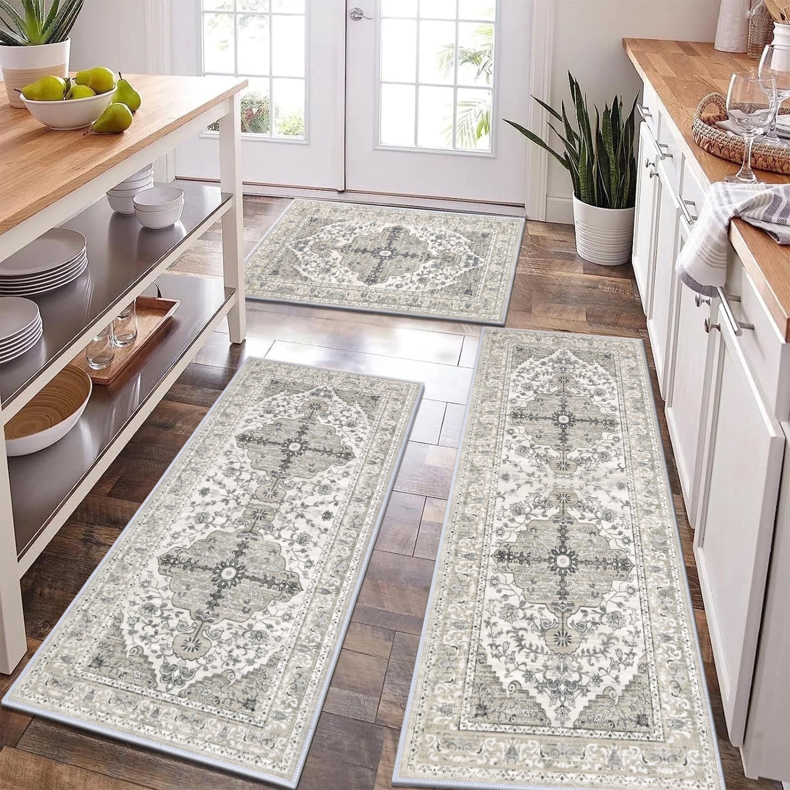 Kitchen Rug and Mat, Yamaziot Boho Kitchen Rug Set of 3, Non Slip Washable Farmhouse Floor Mat Hallway Runner, Laundry Room Carpet