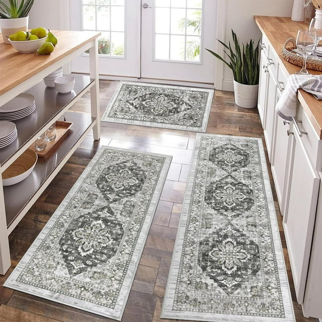 3 Piece Kitchen Rug & Runner Sets, NonSlip Waterproof Mat, Farmhouse