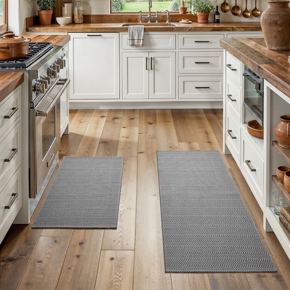 MatEssenz 2-Piece Kitchen Rugs Set, 20"x30" + 20"x48", Faux Linen Woven Textured Washable Kitchen Mats for Floor, Slip Resistant Gel Backing Standing Desk Mat for Sink Laundry Room, Grey
