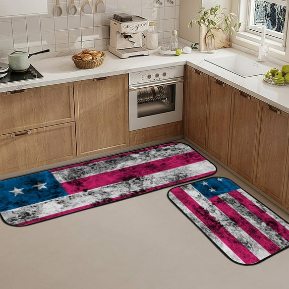 Kitchen Rugs 2 Piece Waterproof Non Slip Kitchen Kitchen Rug Set for Sink Office Kitchen Cafe,Grunge USA flag
