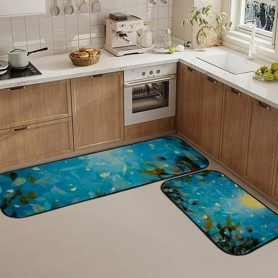 Kitchen Rugs 2 Piece Waterproof Non Slip Kitchen Kitchen Rug Set for Sink Office Kitchen Cafe,Trees under A Glowing Moon