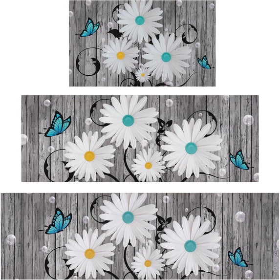 Kitchen Rugs 3 Pcs, Rubber Kitchen Mats for Floor, Waterproof Kitchen Rugs and Mats Non Skid Washable, Farmhouse Floral Kitchen Floor Mat for Laundry 17.3'' x 30''+17.3'' x 47''+17.3'' x 59''