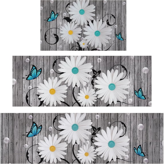 Kitchen Rugs 3 Pcs, Rubber Kitchen Mats for Floor, Waterproof Kitchen Rugs and Mats Non Skid Washable, Farmhouse Floral Kitchen Floor Mat for Laundry 17.3'' x 30''+17.3'' x 47''+17.3'' x 59''