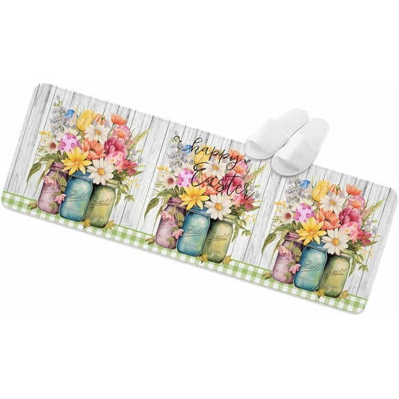 Kitchen Rugs Anti-Fatigue Mats Area Runner Spring Floral Easter Egg Green Plaid Non-Slip Rubber Cushioned Floor Mat Rustic Farm Wood Board Washable Standing Carpet for Bedroom Living Room Decor