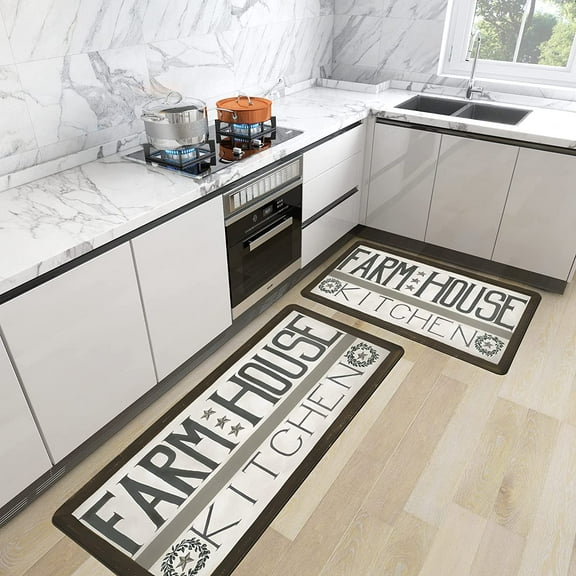 Kitchen Rugs Farmhouse Style Brown Kitchen Mats for Floor Anti Fatigue Memory Foam Kitchen Mat Cushioned Leather Kitchen Rug Set, 17.3x28+17.3x47 inch