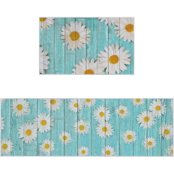 Kitchen Rugs for Floor,Farm Daisy Flower Blue Rustic Old Wooden Plank 2 Piece Absorbant Non-Skid Comfort Rugs,Standing Mat for Kitchen,Floor,Office,Sink
