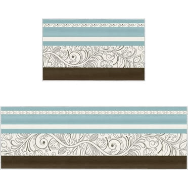 Kitchen Rugs for Floor,Vintage Boho Floral Print Bohemian Flower Blue Brown Stripes 2 Piece Absorbant Non-Skid Comfort Rugs,Standing Mat for Kitchen,Floor,Office,Sink