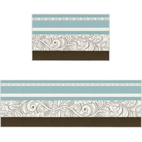 Kitchen Rugs for Floor,Vintage Boho Floral Print Bohemian Flower Blue Brown Stripes 2 Piece Absorbant Non-Skid Comfort Rugs,Standing Mat for Kitchen,Floor,Office,Sink