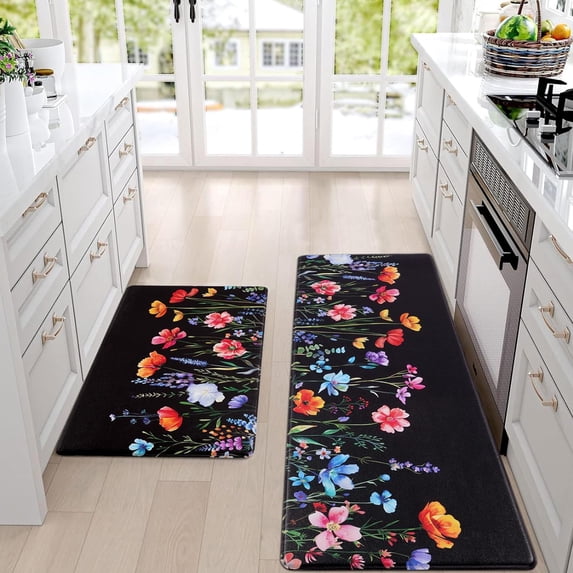 Kitchen Rugs Floral Anti-Fatigue Kitchen Mats for Floor Flowers Waterproof Non-Slip Kitchen Rugs and Mats, Cushioned Standing Floor Mats for Home/Office, 18''''x30''''+18''''x48'''', Black