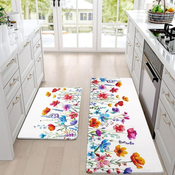 Kitchen Rugs Floral Anti-Fatigue Kitchen Mats for Floor Flowers Waterproof Non-Slip Kitchen Rugs and Mats, Cushioned Standing Floor Mats for Home/Office, 18''''x30''''+18''''x48'''', White