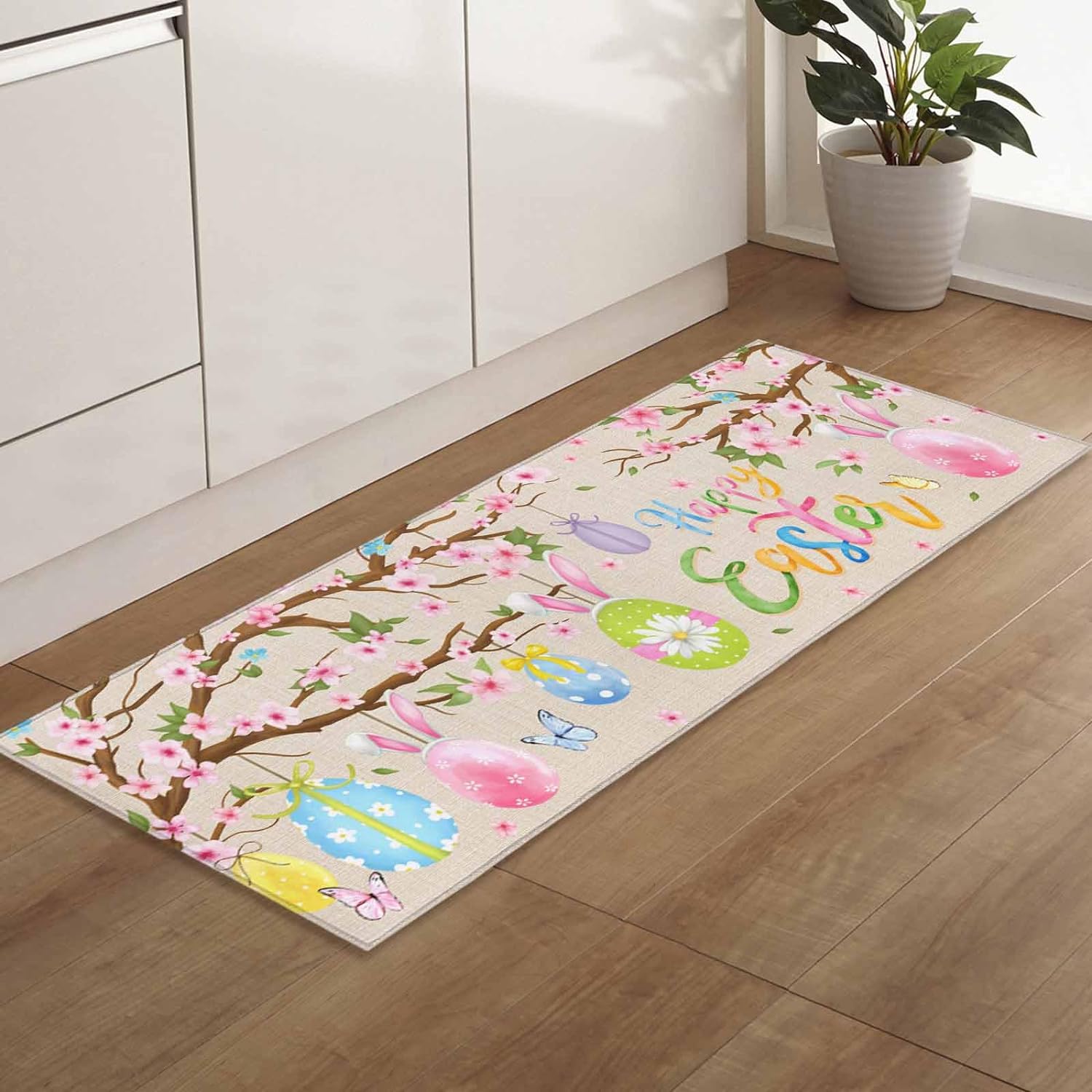 Pink Easter Rug Kitchen Rugs, Happy Easter Egg Spring Pink Flower Branch Bunny Ears ...