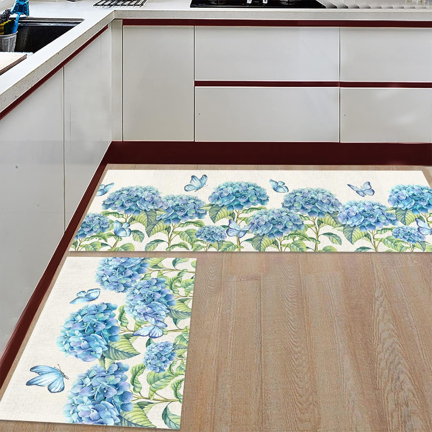 Kitchen Rugs, Hydrangea Blue Flower Spring Summer Non Slip Runner Rug