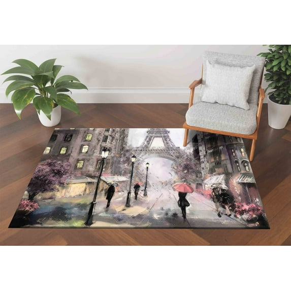 Kitchen Rugs, Landmark Rug, Landscape Rug, Woman With Pink Umbrella and Eiffel Painting Rug, View Rugs, Modern Rugs, 3D Printed Rug, 1.7'x2.3' - 50x70 cm