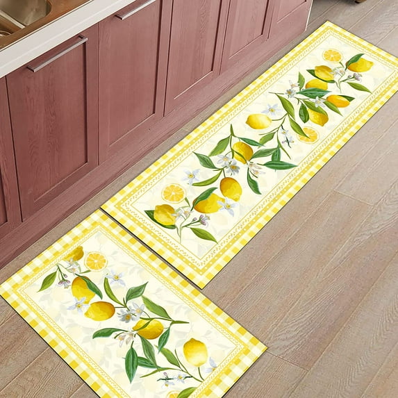 Kitchen Rugs, Lemon Yellow Buffalo Check Summer Watercolor Fruit Plaid Farmhouse Decor Non Slip Runner Rug Mat for Floor, Kitchen, Bedside, Sink, Office, Laundry, Set of 2