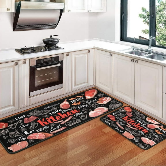 Kitchen Rugs and Mats【2 PCS】 Farmhouse Kitchen Decor, Non Skid Washable Black Kitchen Mat Soft Super Absorbent Kitchen Mat Runner Set Doormat Bathroom,Meat Design (17"x47"+17"x30")