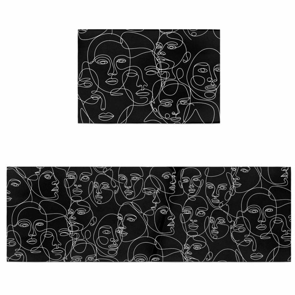 Kitchen Rugs and Mats 2 Pieces Abstract Human Face Runner Rug Sets Aesthetic Portrait Lines Black Soft Comfort Standing Kitchen Mats for Floor Absorbent Area Rugs Carpet Non Slip Cushioned Doormat