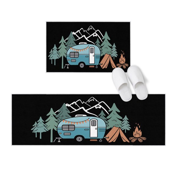 Kitchen Rugs and Mats 2 Pieces Adventure Camper Runner Rug Sets Forest Pine Trees Mountain Home Soft Comfort Standing Kitchen Mats for Floor Absorbent Area Rugs Carpet Non Slip Cushioned Doormat