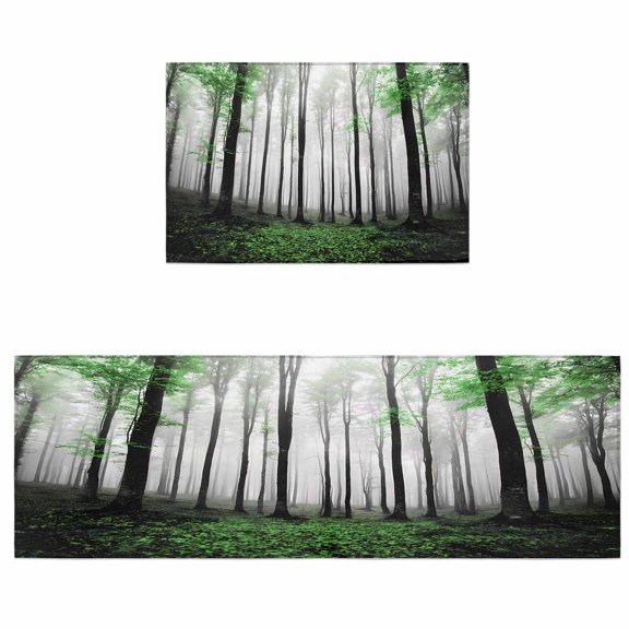 Kitchen Rugs and Mats 2 Pieces Autumn Maple Forest Runner Rug Sets Green Misty Forest Trees Soft Comfort Standing Kitchen Mats for Floor Absorbent Area Rugs Carpet Non Slip Cushioned Doormat