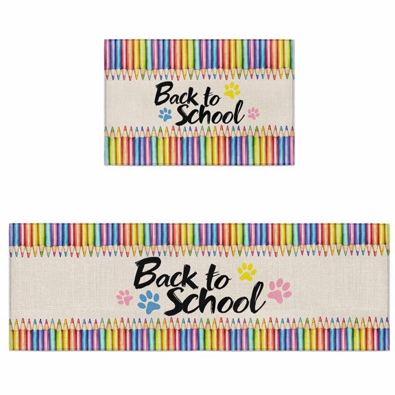 Kitchen Rugs and Mats 2 Pieces Back to School Runner Rug Sets Pencil Paw Print Linen Soft Comfort Standing Kitchen Mats for Floor Absorbent Area Rugs Carpet Non Slip Cushioned Doormat